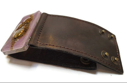 Stylish Wide Leather Cuff. Chocolate dark brown color Leather Bracelet. Recycled glass Bracelet.  Lavender, brown w golden bubbles