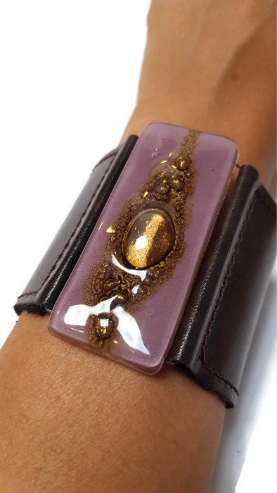 Stylish Wide Leather Cuff. Chocolate dark brown color Leather Bracelet. Recycled glass Bracelet.  Lavender, brown w golden bubbles