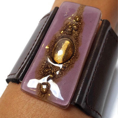 Stylish Wide Leather Cuff. Chocolate dark brown color Leather Bracelet. Recycled glass Bracelet.  Lavender, brown w golden bubbles
