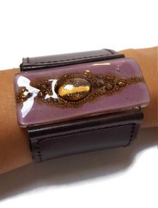 Stylish Wide Leather Cuff. Chocolate dark brown color Leather Bracelet. Recycled glass Bracelet.  Lavender, brown w golden bubbles