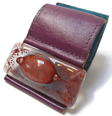 Wide Leather Cuff. Dark purple Leather Bracelet. Recycled glass Bracelet.  Dark pale pink bubble glass
