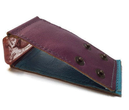 Wide Leather Cuff. Dark purple Leather Bracelet. Recycled glass Bracelet.  Dark pale pink bubble glass