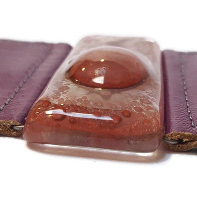 Wide Leather Cuff. Dark purple Leather Bracelet. Recycled glass Bracelet.  Dark pale pink bubble glass