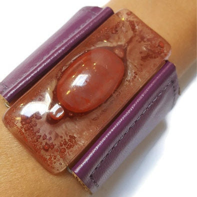 Wide Leather Cuff. Dark purple Leather Bracelet. Recycled glass Bracelet.  Dark pale pink bubble glass