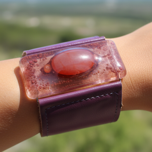 Wide Leather Cuff. Dark purple Leather Bracelet. Recycled glass Bracelet.  Dark pale pink bubble glass