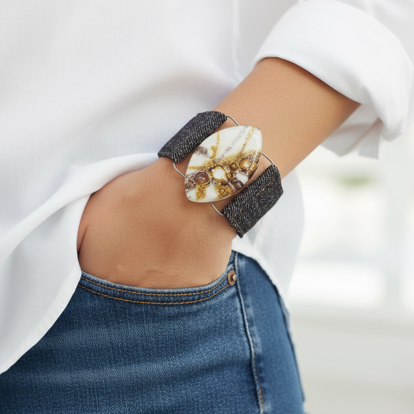 Denim Bracelet. White dark purple and Brown Fused Glass and reclaimed Denim Cuff.