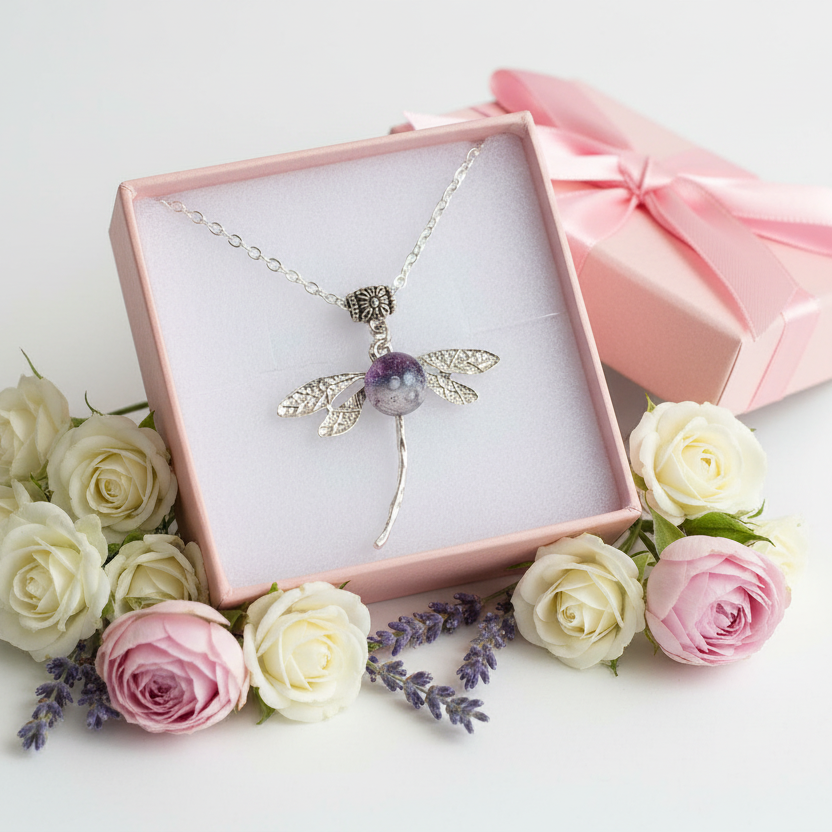 Dragonfly necklace. Recycled fused glass lavender color bead.