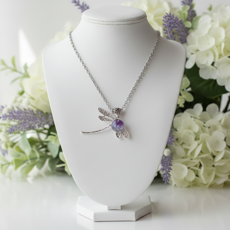 Dragonfly necklace. Recycled fused glass lavender color bead.