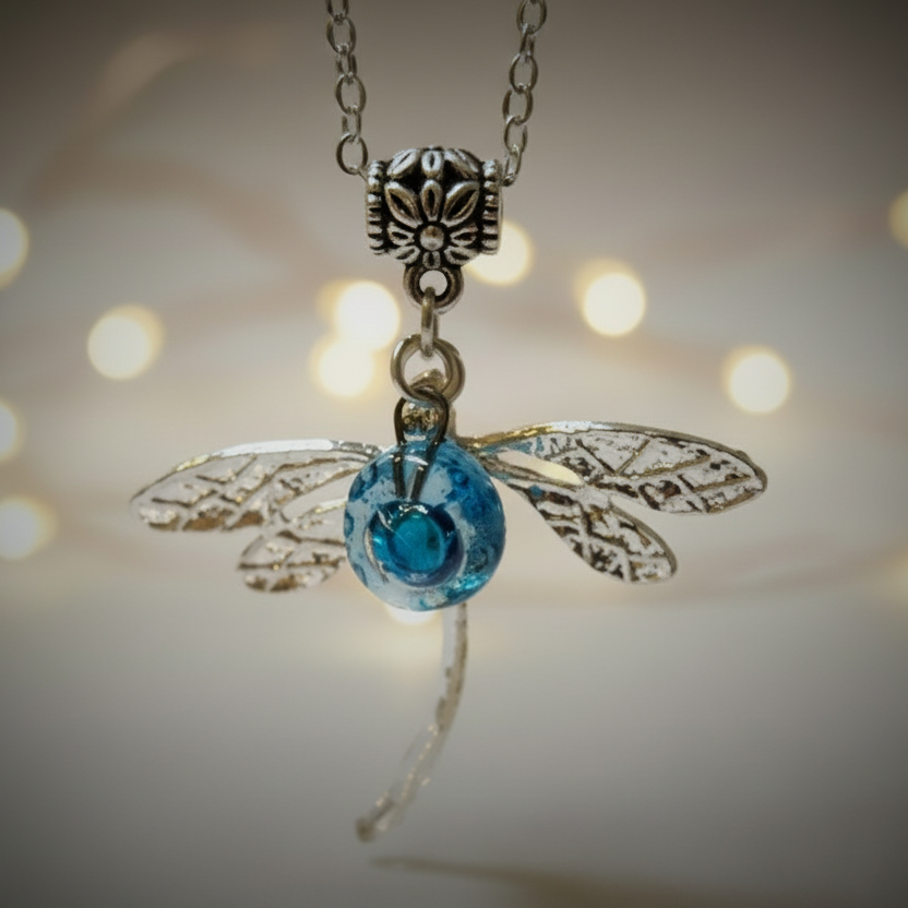 Dragonfly necklace. Recycled fused glass turquoise bead.