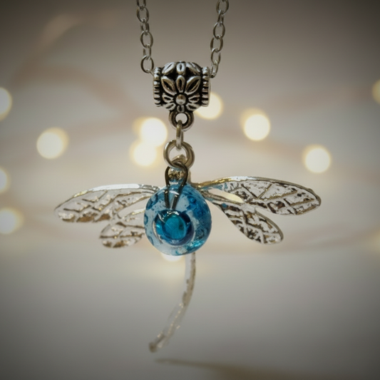 Dragonfly necklace. Recycled fused glass turquoise bead.