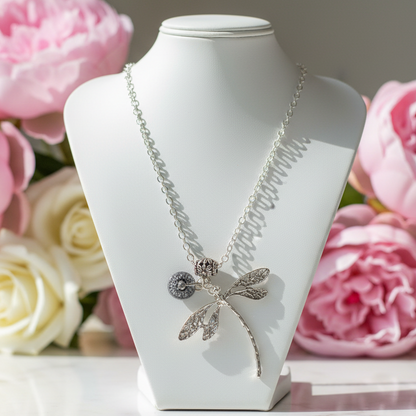 Dragonfly necklace. Recycled fused glass Purply bead.