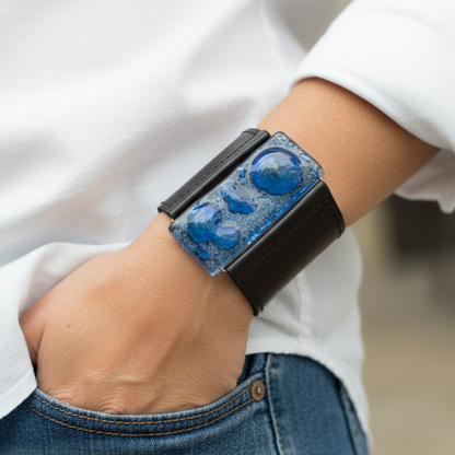 Black Leather and blue Glass Cuff Bracelet!! Recycled fused glass wide leather bracelet