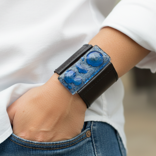 Black Leather and blue Glass Cuff Bracelet!! Recycled fused glass wide leather bracelet