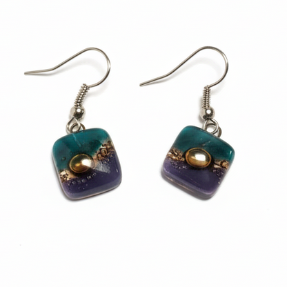 Small teal, brown and purple Square Fused Glass  Dangle Earrings. Recycled Glass Drop earrings