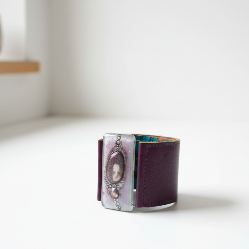 Glass and leather. Lavender lilac with Purple Leather Cuff. Recycled fused Glass wide bracelet