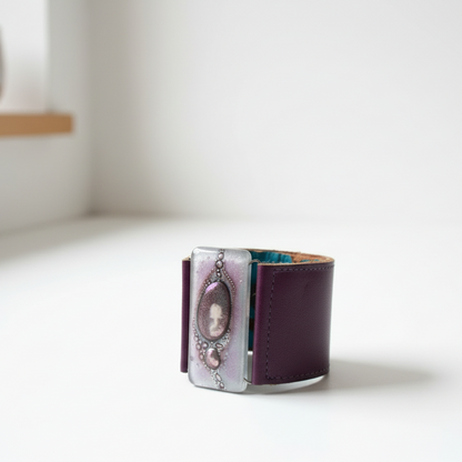 Glass and leather. Lavender lilac with Purple Leather Cuff. Recycled fused Glass wide bracelet