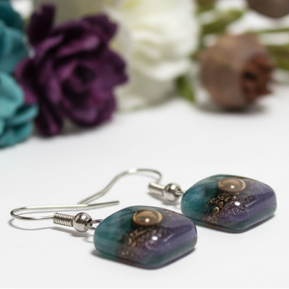 Small teal, brown and purple Square Fused Glass  Dangle Earrings. Recycled Glass Drop earrings