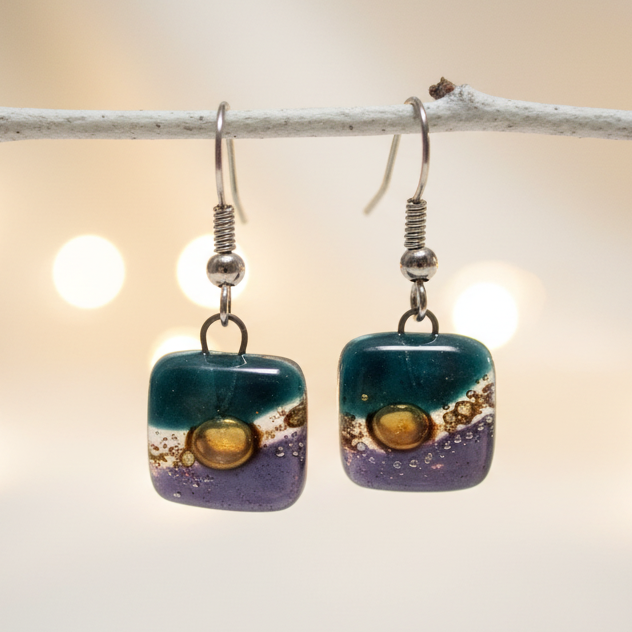 Small teal, brown and purple Square Fused Glass  Dangle Earrings. Recycled Glass Drop earrings