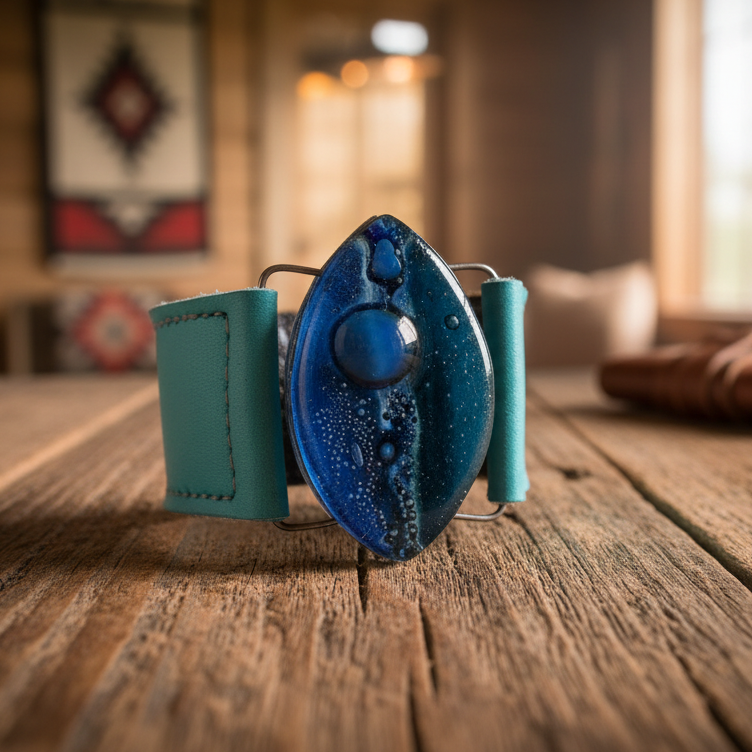 Leather cuff. Blue and teal Fused Glass and turquoise leather Bracelet.