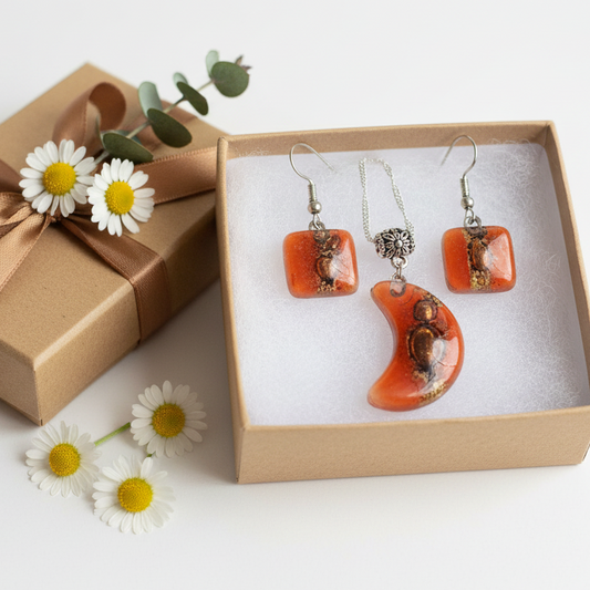 Set earrings and Moon pendant. Red  and brown Recycled Glass. Handmade
