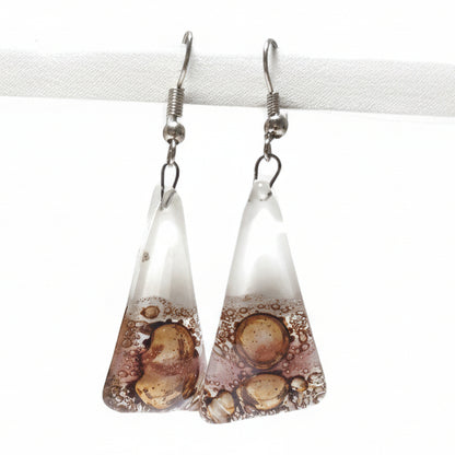 Long Triangle Drop drop Earrings. White, pink and Brown Recycled Fused Glass dangle earrings