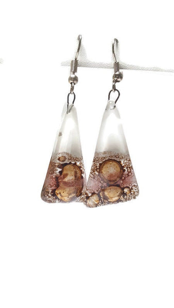 Long Triangle Drop drop Earrings. White, pink and Brown Recycled Fused Glass dangle earrings