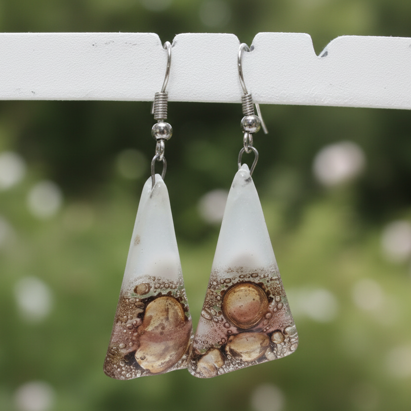 Long Triangle Drop drop Earrings. White, pink and Brown Recycled Fused Glass dangle earrings
