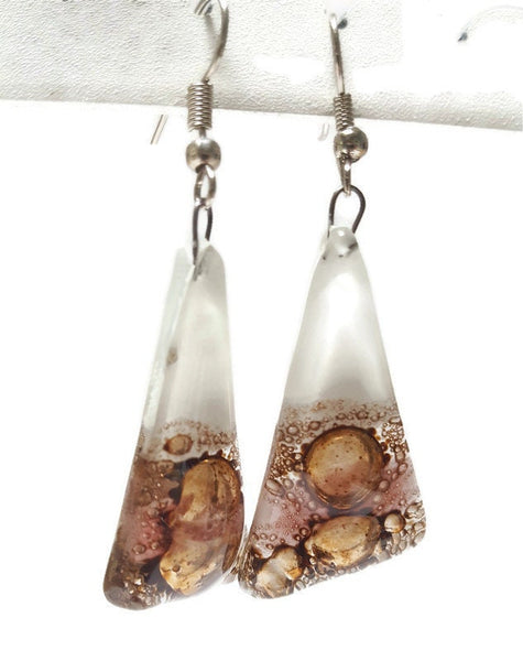 Long Triangle Drop drop Earrings. White, pink and Brown Recycled Fused Glass dangle earrings