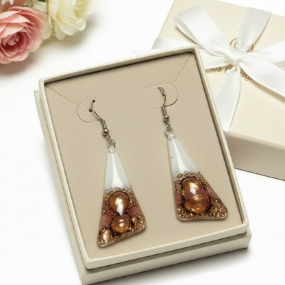 Long Triangle Drop drop Earrings. White, pink and Brown Recycled Fused Glass dangle earrings