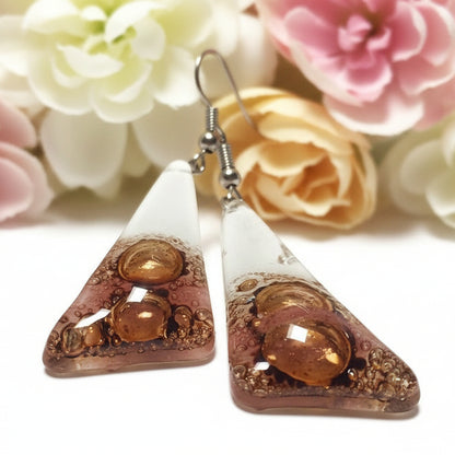 Long Triangle Drop drop Earrings. White, pink and Brown Recycled Fused Glass dangle earrings
