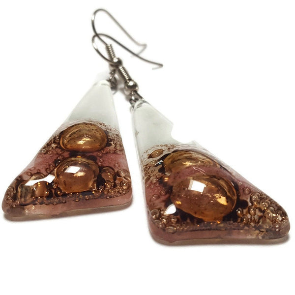 Long Triangle Drop drop Earrings. White, pink and Brown Recycled Fused Glass dangle earrings