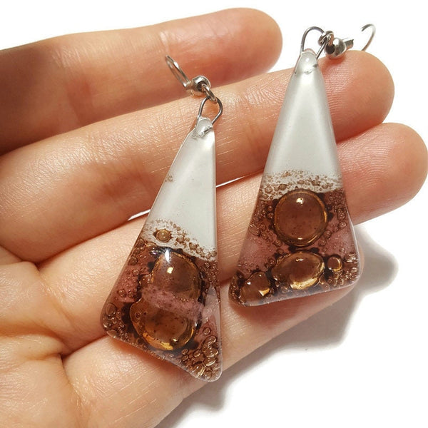 Long Triangle Drop drop Earrings. White, pink and Brown Recycled Fused Glass dangle earrings