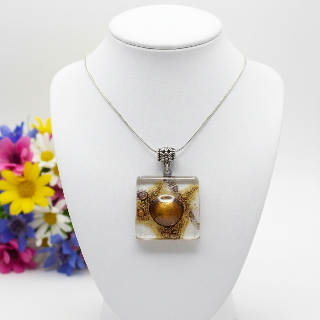 White, Brown and Purply Fused Glass pendant with lots of Bubble! Perfect Necklace, Easy to Match!