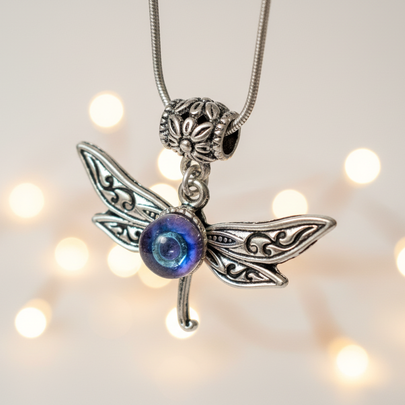 BFF Dragonfly necklace set. Recycled fused glass Lilac and Blue beads.  Set of 2 necklaces. Small dainty pendant. Best gift
