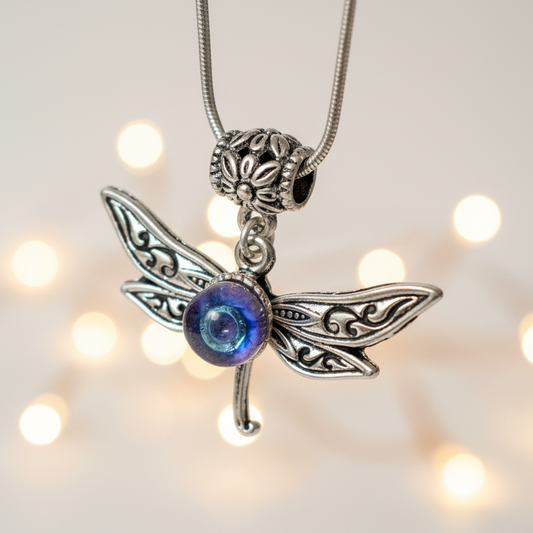 BFF Dragonfly necklace set. Recycled fused glass Lilac and Blue beads.  Set of 2 necklaces. Small dainty pendant. Best gift