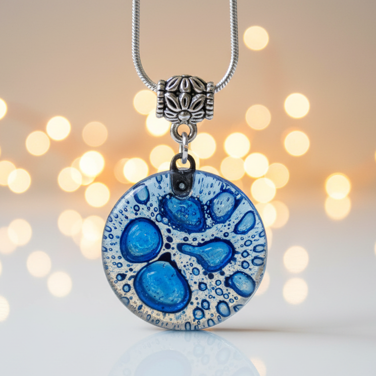 Blue Glass pendant. Round Recycled Fused Glass Pendant. Handcrafted necklace. Bubbles. Ocean glass jewelry. Something Blue. Gifts for her