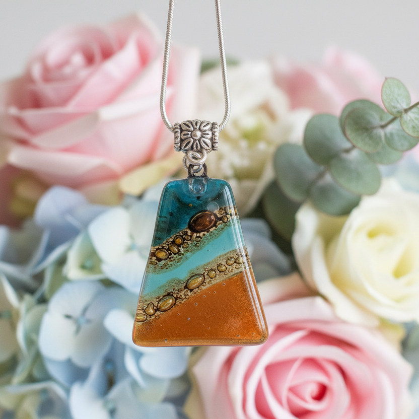 Terracota and teal Fused Glass small Pendant. Recycled Glass Necklace. Awesome glass bubbles. Earthy colors. Best handmade gift idea.