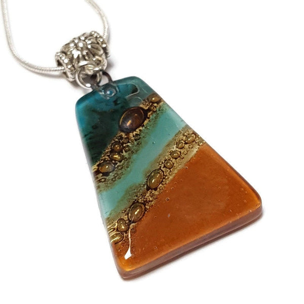 Terracota and teal Fused Glass small Pendant. Recycled Glass Necklace. Awesome glass bubbles. Earthy colors. Best handmade gift idea.