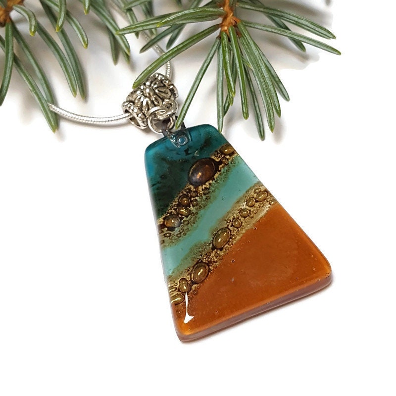 Terracota and teal Fused Glass small Pendant. Recycled Glass Necklace. Awesome glass bubbles. Earthy colors. Best handmade gift idea.