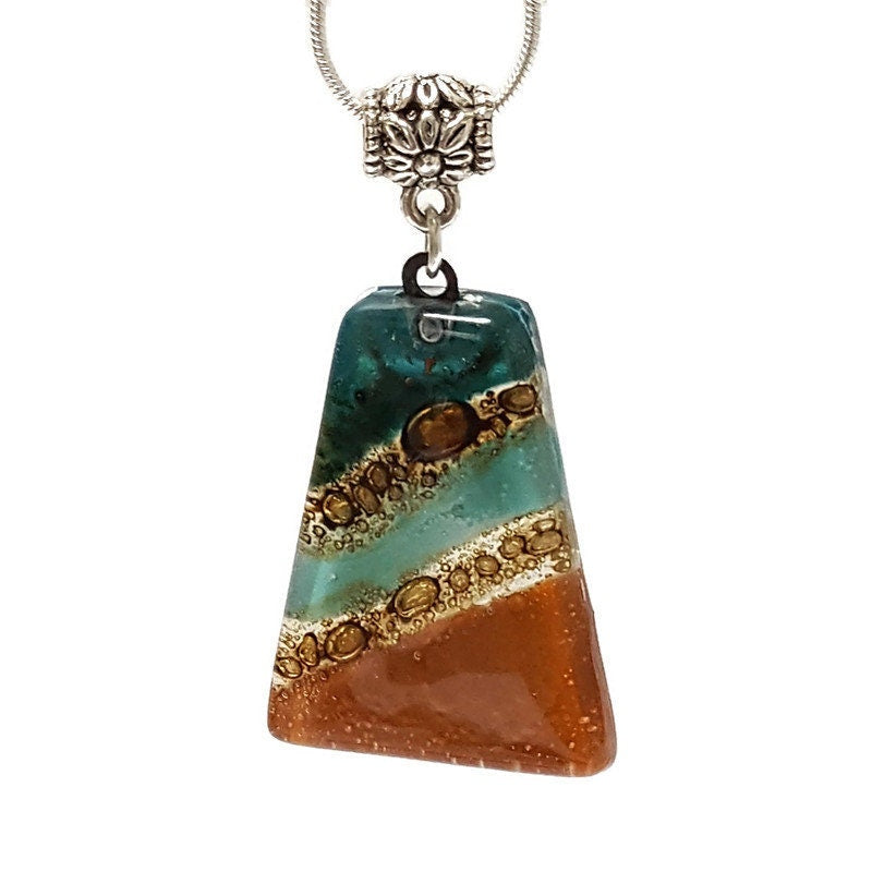 Terracota and teal Fused Glass small Pendant. Recycled Glass Necklace. Awesome glass bubbles. Earthy colors. Best handmade gift idea.