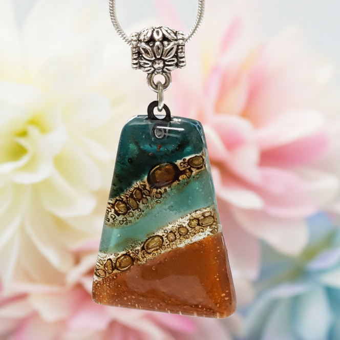 Terracota and teal Fused Glass small Pendant. Recycled Glass Necklace. Awesome glass bubbles. Earthy colors. Best handmade gift idea.