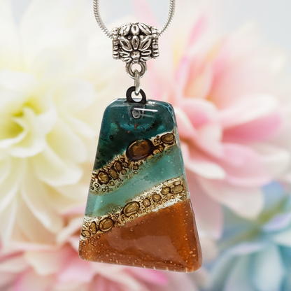 Terracota and teal Fused Glass small Pendant. Recycled Glass Necklace. Awesome glass bubbles. Earthy colors. Best handmade gift idea.