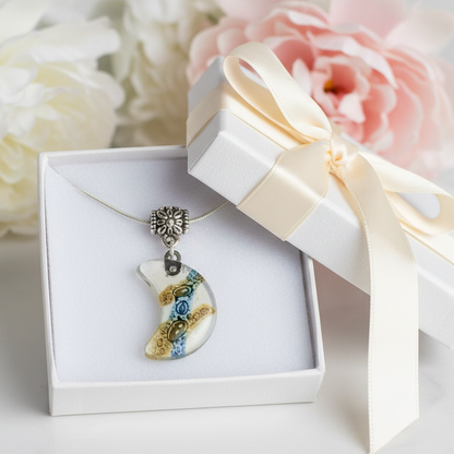 Blue Moon shape Recycled Glass pendant. Fused Glass Necklace. Moon Charm. Great gift idea. Handcrafted beads. Eco-friendly magical jewelry