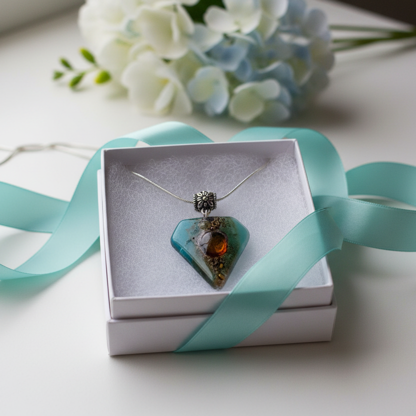 Fused Glass Pendant . Teal and Brown Glass Necklace. Silver Plated Chain. Unique Glass Recycled Glass Pendant. Great gift under 15, Handmade