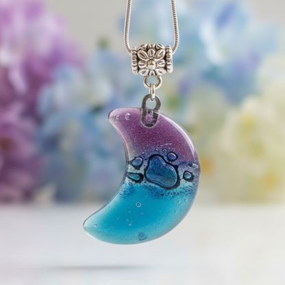 Purple, blue Moon Recycled Glass Pendant. Small moon made of Recycled Glass. Handmade. Best holiday gift. Crescent moon. Waxing moon