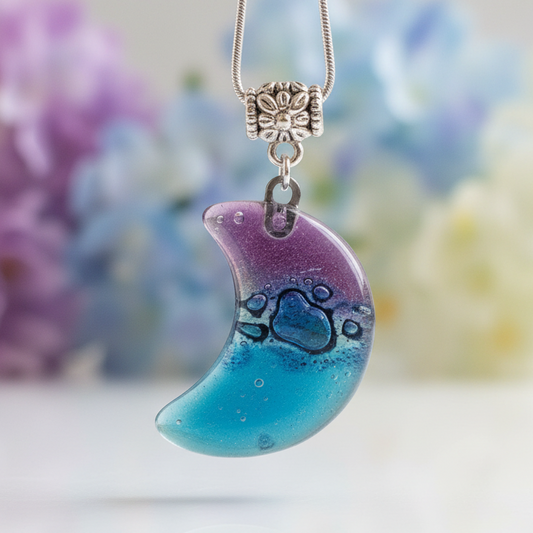 Purple, blue Moon Recycled Glass Pendant. Small moon made of Recycled Glass. Handmade. Best holiday gift. Crescent moon. Waxing moon