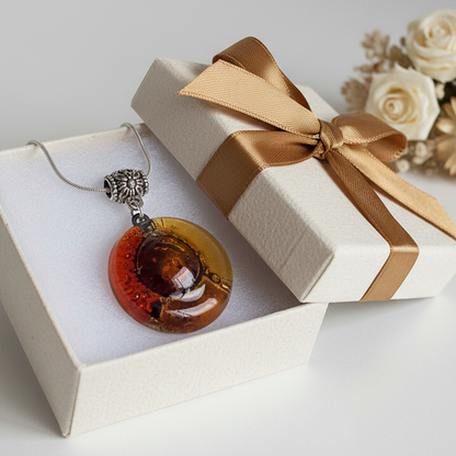 Glass pendant Red, Beige, terracotta and Brown round Fused Glass Pendant. Recycled Fused Glass Necklace. Golden bubbles. Handmade gifts