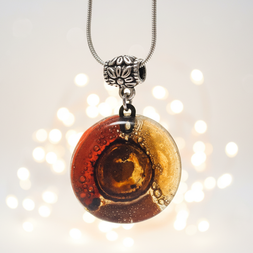 Glass pendant Red, Beige, terracotta and Brown round Fused Glass Pendant. Recycled Fused Glass Necklace. Golden bubbles. Handmade gifts