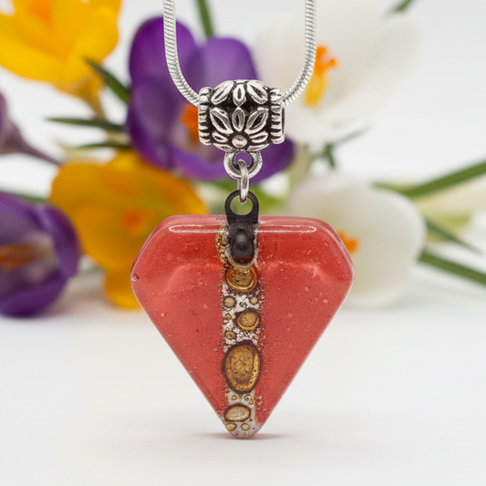 Fused Glass Pendant . Red, and Brown Glass Necklace. Silver Plated Chain. Unique Glass Recycled Glass Pendant. Handmade gifts.