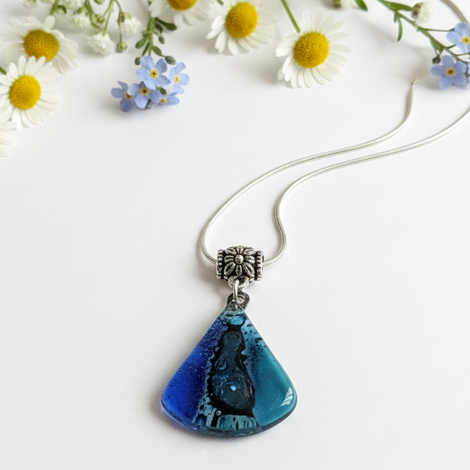 Glass pendant. Blue Recycled Fused Glass Necklace. Simi circular sector, Pie slice shape. Unique handcrafted jewelry. Glass with bubbles